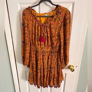 Women’s Celina Moon Floral Bohemian Tassel Pom Pom Trim Dress Mustard Maroon Lg